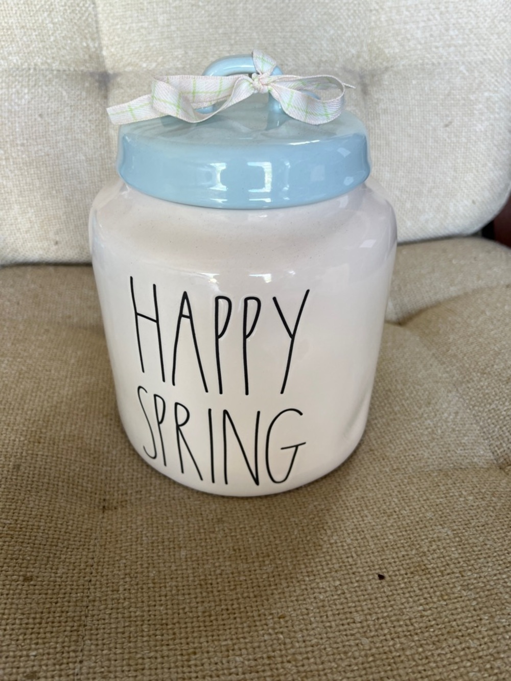 Rae Dunn Cream Ceramic Canister with Light Blue Lid